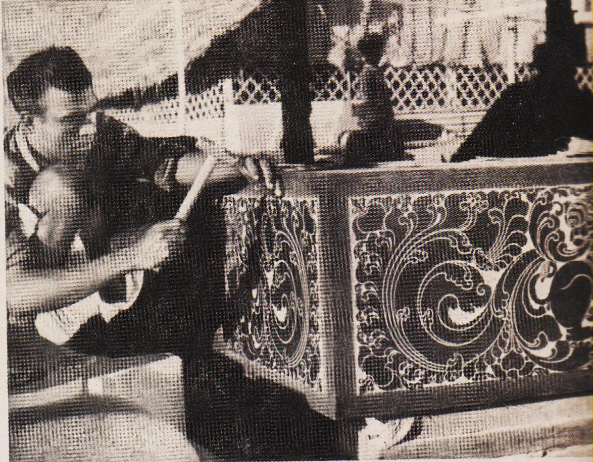 A view of carving work in progress. This particular slab is to be used as a Capital stone of one of the four oranmental columns of the Pratima Mandapam (Statue section).