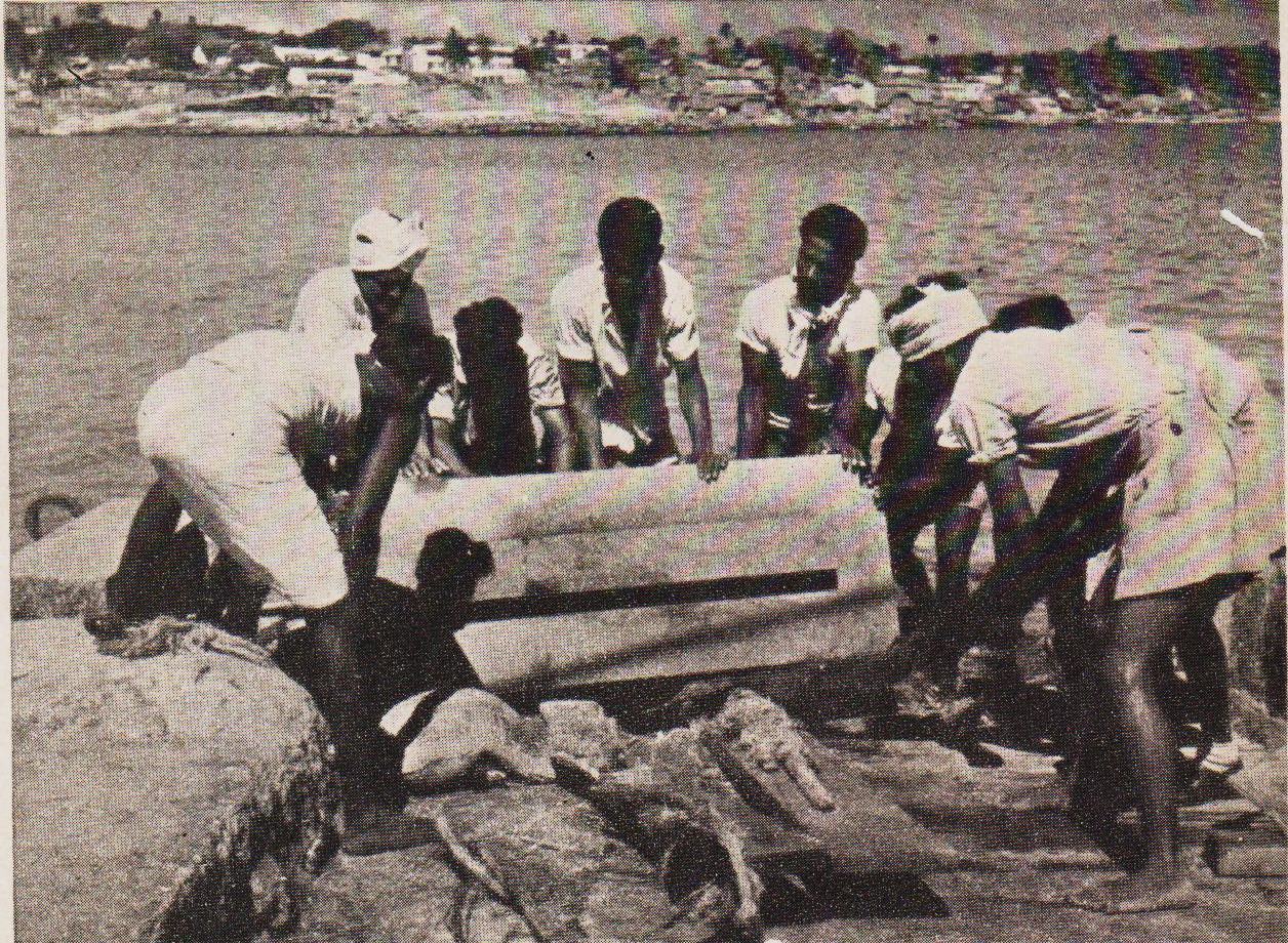 A dressed stone being taken to the trolley-track.