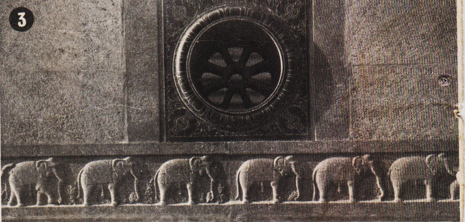 Slabls in the first four courses carrying an elephant band, circular windows etc. being displayed one upon another, in the prescribed order, before their transportation to the Rock.