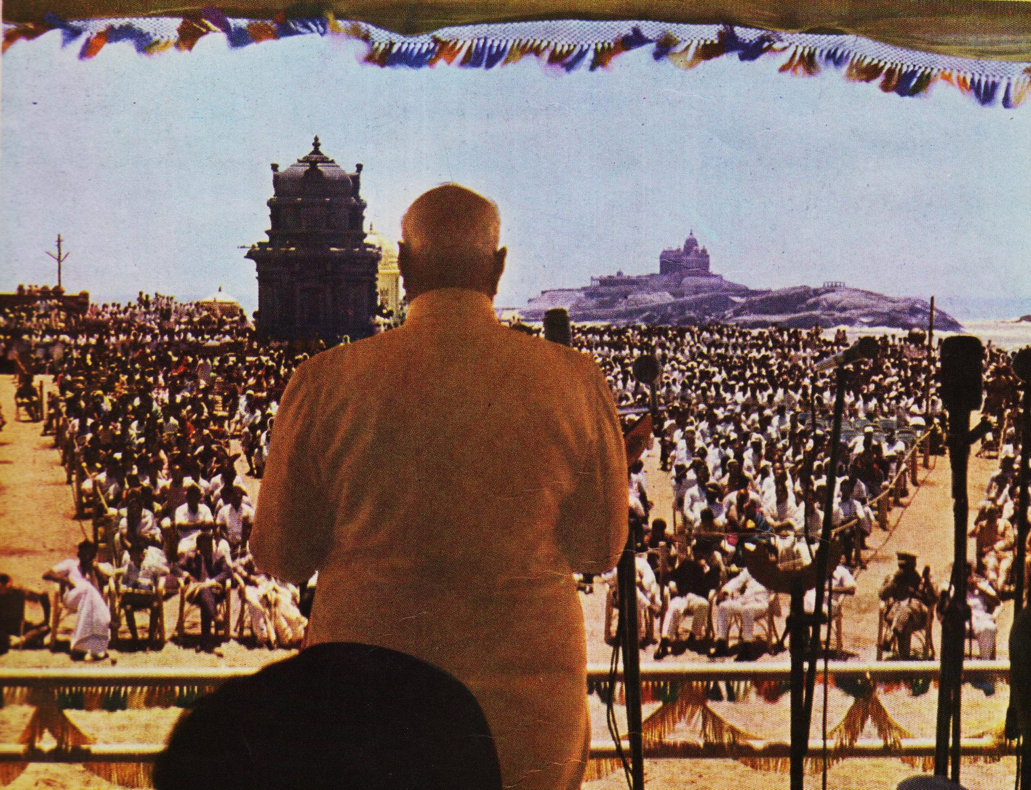 A view of the central section of the large audience in the Inaugral Function, hearing Shri V. V. Giri with rapt attention. In the foreground, opposite to Shri V. V. Giri, are shrines of Swami Vivekananda and Shrimat Adya Shankaracharya. In the background 