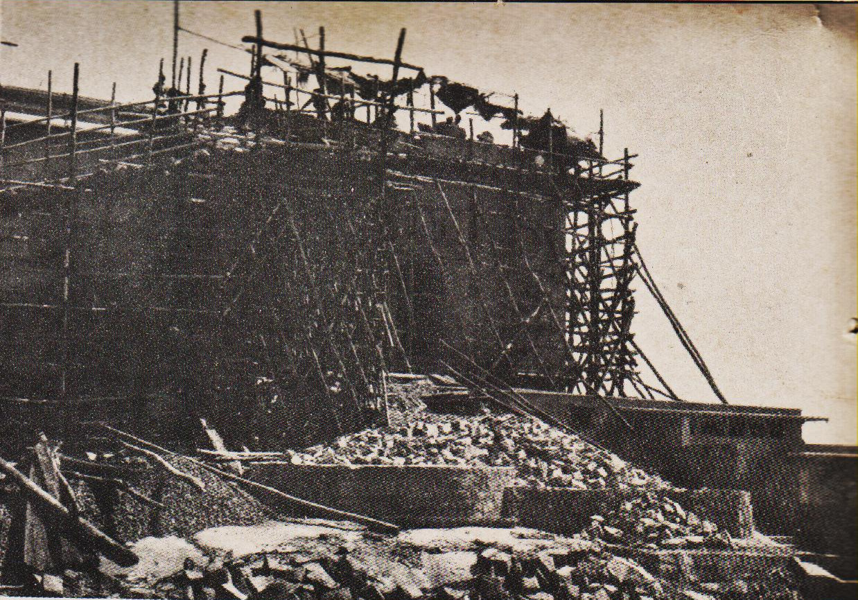 A view of the masonry work of the rear portion fo the Sabha Mandapam in progress.