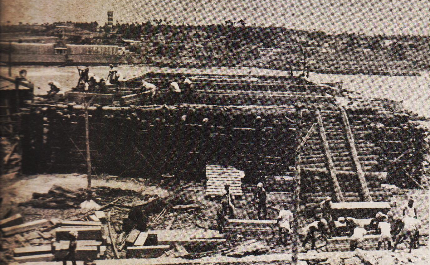 A view of the masonry work of the Shripada Mandapam in progress.