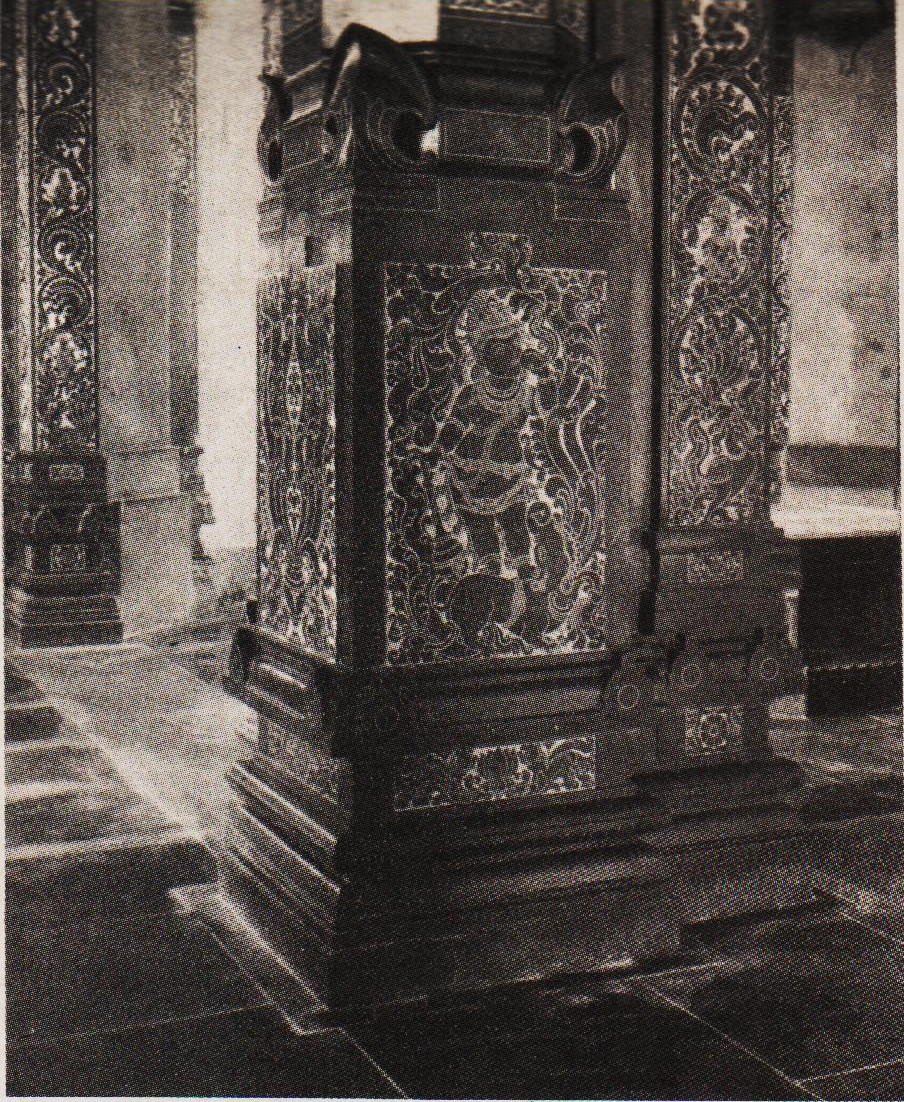 A close view of some of the ornamental columns of the Sabha Mandapam. Initricate carvings on the columns are partially visible.