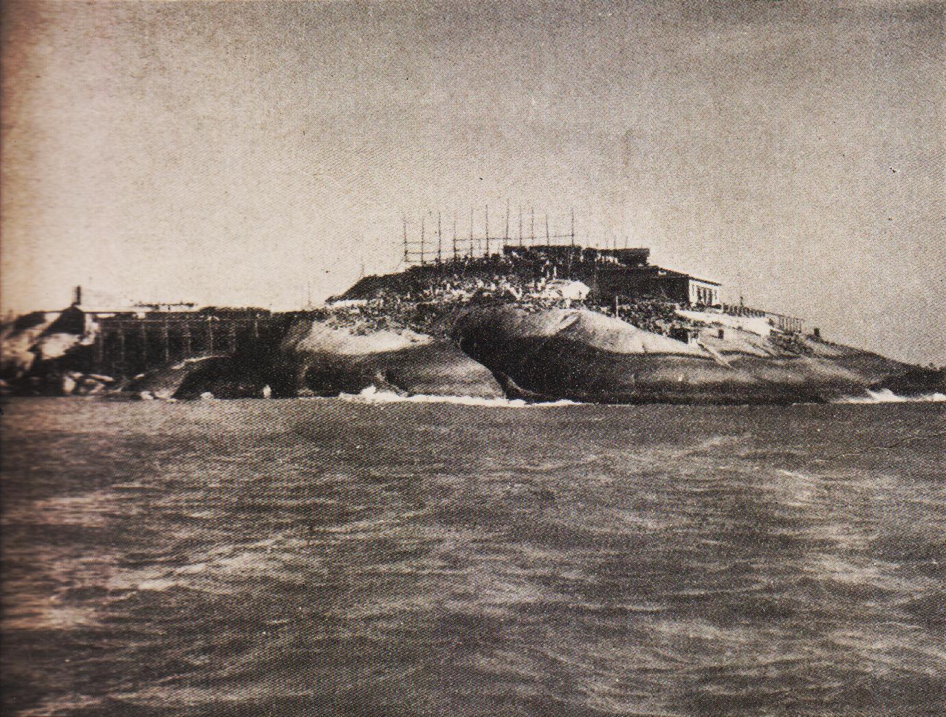 The Vivekananda Rock as viewed from teh sea in the initial stage of the memorial-construction.