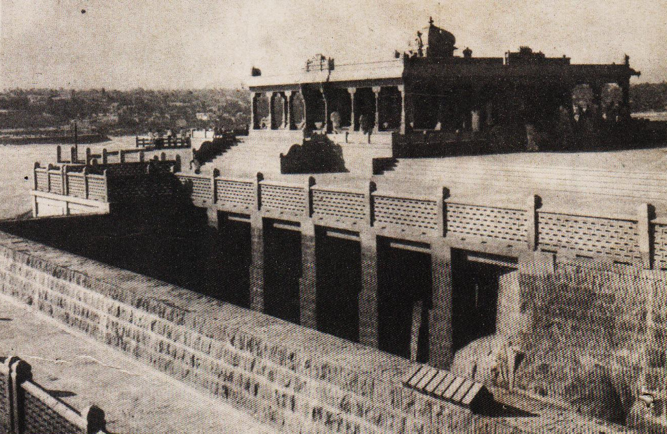 A view depicting relative positions of the Shripada Mandapam, the rain water - reservoir on the south-west and a part of the adjacent circular pathway running parallel to it.